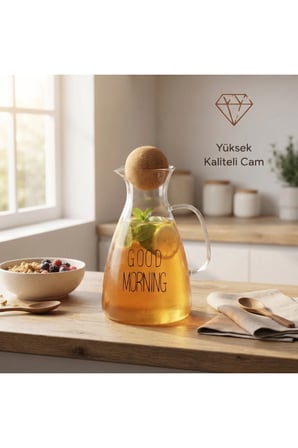 10 Adet Cam Sürahi – 1500 ML Mantar Kapaklı, Şeffaf Good Morning Tasarımlı Ergonomik Kulplu Pitcher Jug Carafe