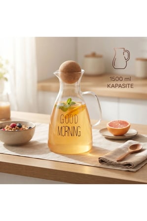 10 Adet Cam Sürahi – 1500 ML Mantar Kapaklı, Şeffaf Good Morning Tasarımlı Ergonomik Kulplu Pitcher Jug Carafe