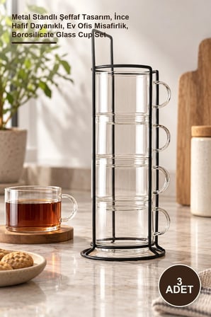 3 Adet Standlı Borosilikat Cam Fincan Seti – Metal Standlı Şeffaf Tasarım, İnce Hafif Dayanıklı, Ev Ofis Misafirlik, Borosilicate Glass Cup Set