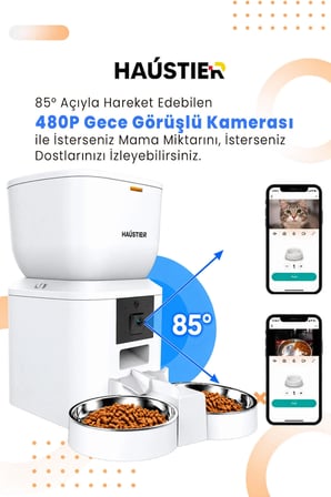 QQ025-Dual Kameralı Akıllı Kedi Köpek Otomatik Mama Kabı, 480P Kamera, Gece Görüşlü , 2.4Ghz, 4Lt, Çift Metal Kase