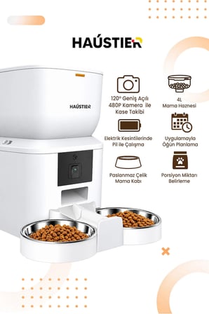QQ025-Dual Kameralı Akıllı Kedi Köpek Otomatik Mama Kabı, 480P Kamera, Gece Görüşlü , 2.4Ghz, 4Lt, Çift Metal Kase
