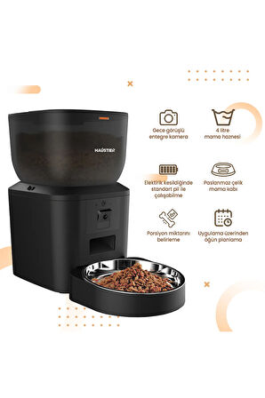 QQ029 Kameralı 1080P Gece Görüş, Akıllı Kedi Köpek Mama Kabı, 2.4Ghz/5Ghz, 4Lt, Metal Kase