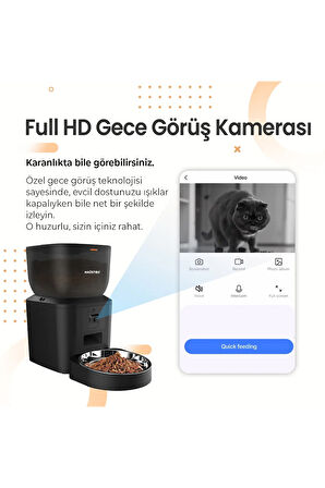 QQ029 Kameralı 1080P Gece Görüş, Akıllı Kedi Köpek Mama Kabı, 2.4Ghz/5Ghz, 4Lt, Metal Kase