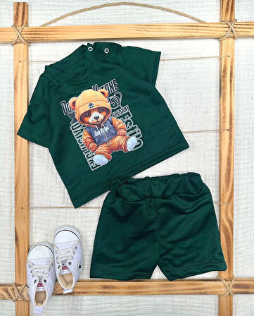 9-12-18-24 Ay Dansçı Ayıcık Baskılı Şortlu Kısa Kollu Tişört 2li Erkek Bebek Takımı