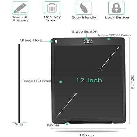 QASUL a 12" Büyük Boy Dijital Çocuk Yazı Tahtası Grafik Çizim Tableti Lcd 12" Inc Ekran teknomila12inç