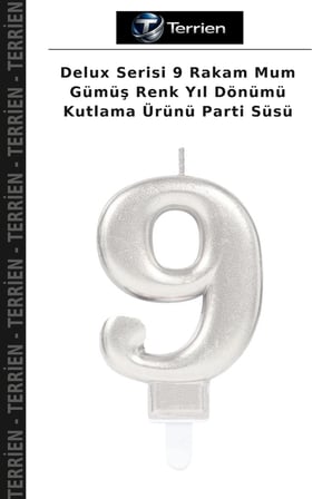 Delux Serisi 9 Rakam Mum Gümüş Renk Yıl Dönümü Kutlama Ürünü Parti Süsü