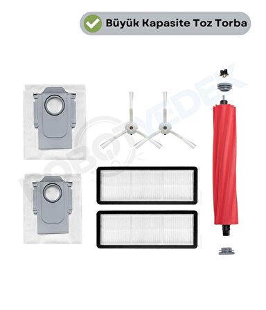 Roborock QRevo MaxV /QRevo Pro / QRevo S Uyumlu Ana Fırça, Hepa Filtre,Beyaz Yan Fırça, Toz Torbası