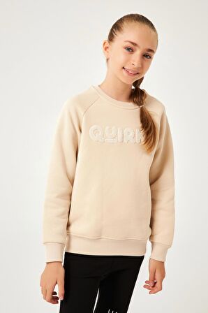 Regular Fit Bisiklet Yaka Süzene Nakışlı Unisex Çocuk Sweatshirt Bej