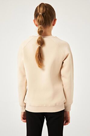 Regular Fit Bisiklet Yaka Süzene Nakışlı Unisex Çocuk Sweatshirt Bej