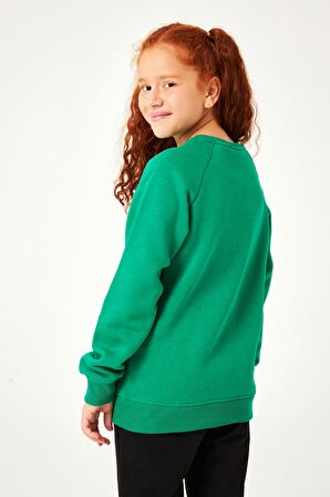 Regular Fit Bisiklet Yaka Süzene Nakışlı Unisex Çocuk Sweatshirt Yeşil