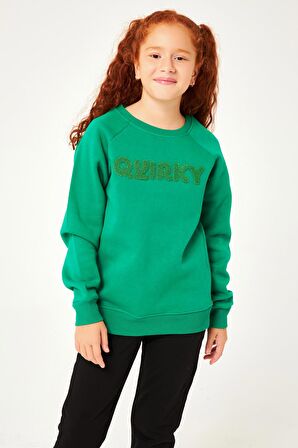 Regular Fit Bisiklet Yaka Süzene Nakışlı Unisex Çocuk Sweatshirt Yeşil