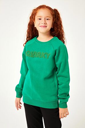 Regular Fit Bisiklet Yaka Süzene Nakışlı Unisex Çocuk Sweatshirt Yeşil