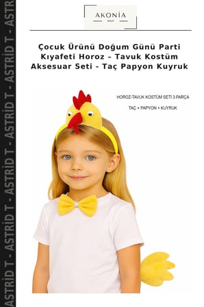 Çocuk Ürünü Doğum Günü Parti Kıyafeti Horoz – Tavuk Kostüm Aksesuar Seti - Taç Papyon Kuyruk