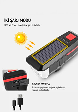 QASUL Güneş Enerjili 3 LED Far Moduna Sahip Bisiklet Ön Lambası Su Geçirmez Zil USB Şarj Edilebilir Korna