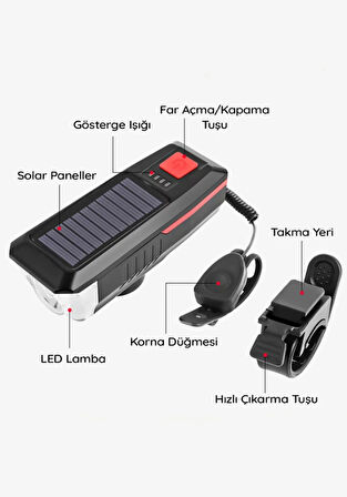 QASUL Güneş Enerjili 3 LED Far Moduna Sahip Bisiklet Ön Lambası Su Geçirmez Zil USB Şarj Edilebilir Korna
