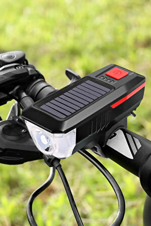 QASUL Güneş Enerjili 3 LED Far Moduna Sahip Bisiklet Ön Lambası Su Geçirmez Zil USB Şarj Edilebilir Korna
