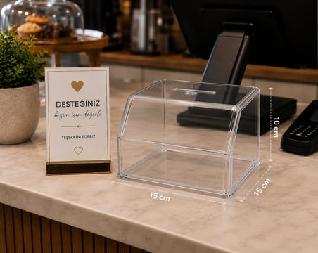 Büyük Boy Şeffaf Pleksi Sadaka Kutusu Tip Box 15x10 cm – Alt Kilitli