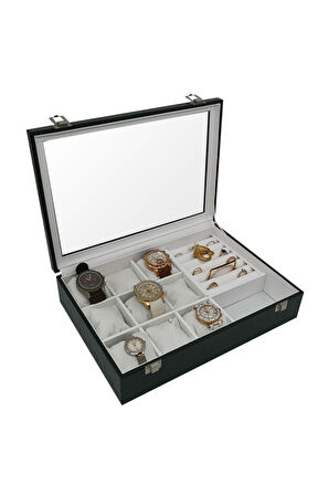 Saat Kutusu 9'lu Takı Bölmeli Siyah Rugan Içi Beyaz