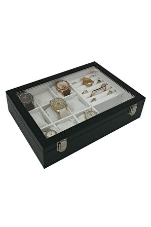 Saat Kutusu 9'lu Takı Bölmeli Siyah Rugan Içi Beyaz