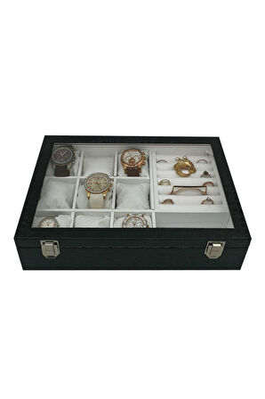 Saat Kutusu 9'lu Takı Bölmeli Siyah Rugan Içi Beyaz