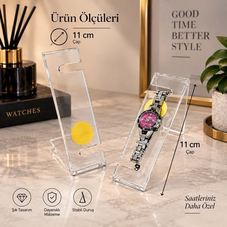 Şeffaf Pleksi Saat Standı 5’li – 11 cm Çaplı Masaüstü Saat Sergileme Standı