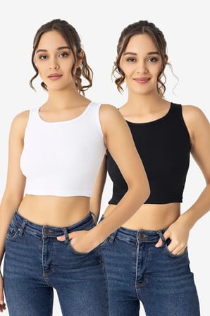 Özel Seri Kaşkorse Sporcu Bluz Beyaz Siyah Kadın Pamuklu Fitilli Halter Yaka Crop 2'li Paket