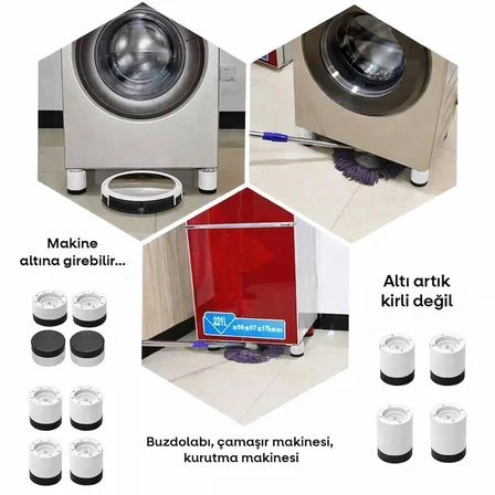 TİNEKE Beyaz Eşya Ayağı Çamaşır Makinesi Mobilya Titreşim Önleyici Kaydırmaz 8.5 Cm Yükseltici 4 Lü BEYAZ