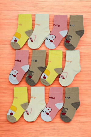 12 Çift Burun Dikişsiz Desenli Kışlık Kalın Havlu Kız Çocuk Soket Çorap