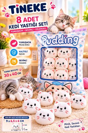 TİNEKE 8’li Peluş Kedi Yastığı Seti – Minik Yumuşak Kedi Oyuncağı ve Uyku Arkadaşı BEYAZ