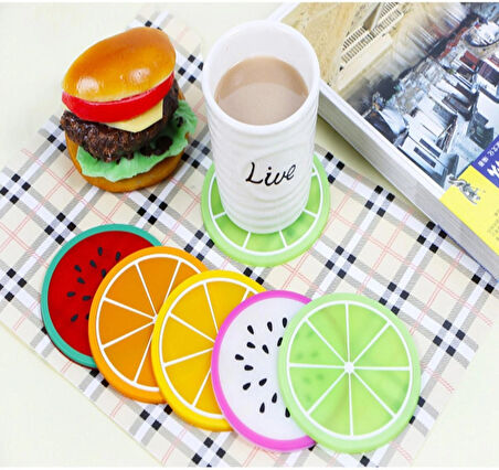 TİNEKE  5li Silikon Bardak Altlığı Meyve Şekli Kaymaz Ped Mat Kupa Çay Kahve Bardağı Tutucu Çalışma Masa