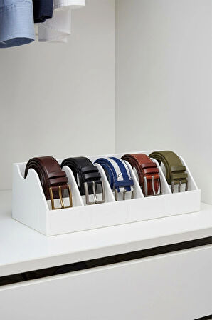 TİNEKE  5 Bölmeli Kemer Çorap Takı Makyaj Organizeri Dolap İçi Kemer Düzenleyici Organizer BEYAZ