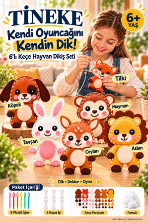TİNEKE 6’lı Keçe Hayvan Dikiş Seti 6 Yaş ve Üzeri Çocuklar İçin Kendin Yap Oyuncak ve El İşi Aktivite Seti GO-1