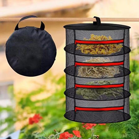 TİNEKE 4 Katlı Fermuarlı Meyve Sebze Kurutma Filesi | Katlanabilir Doğal Kurutma Sepeti  KIRMIZI