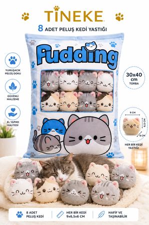 TİNEKE 8’li Peluş Kedi Yastığı Seti – Minik Yumuşak Kedi Oyuncağı ve Uyku Arkadaşı MAVİ KARIŞIK