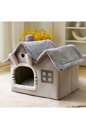 M Beden Kedi Evi Yumuşak Kedi Yatağı Derin Uyku Ve Kış Evi Çıkarılabilir Minder -villa Gri 1 Adet