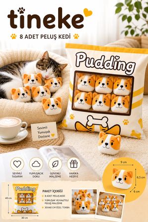 TİNEKE 8’li Peluş Kedi Yastığı Seti – Minik Yumuşak Kedi Oyuncağı ve Uyku Arkadaşı SARI