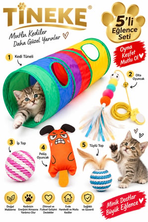 TİNEKE 5’li Kedi Oyuncak Seti – Oyun Tüneli Elastik Olta İp Top Tüylü Top ve Peluş Oyuncak Turuncu