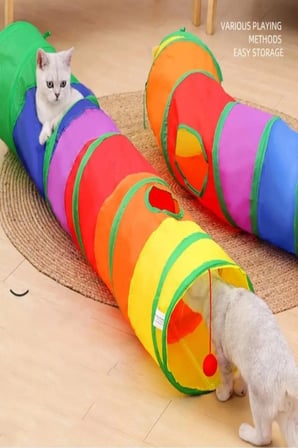 TİNEKE 5’li Kedi Oyuncak Seti – Oyun Tüneli Elastik Olta İp Top Tüylü Top ve Peluş Oyuncak Turuncu