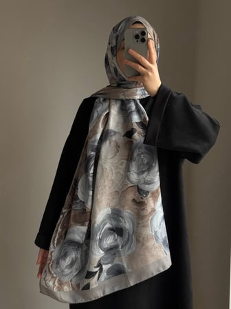 Pamuklu Rose Desen Şal-Gri/Vizon