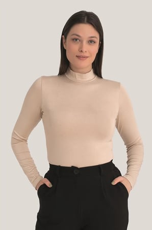 Özel Seri Klasik Casual Basic Kadın Ten Balıkçı Yaka Uzun Kollu Body 2'li Paket