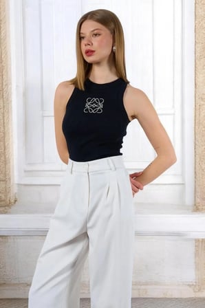 Kadın Siyah Halter Yaka Fitilli Zincirli Atlet Bluz