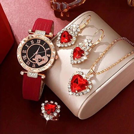 Kadın Yuvarlak Saat ve Kolye+Küpe+Yüzük Takı Seti, 5 adet/takım