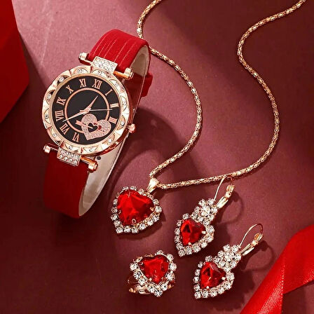 Kadın Yuvarlak Saat ve Kolye+Küpe+Yüzük Takı Seti, 5 adet/takım