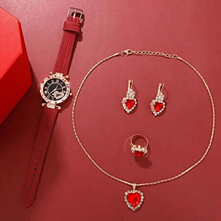 Kadın Yuvarlak Saat ve Kolye+Küpe+Yüzük Takı Seti, 5 adet/takım