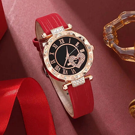 Kadın Yuvarlak Saat ve Kolye+Küpe+Yüzük Takı Seti, 5 adet/takım