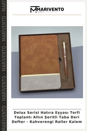 Delux Serisi Hatıra Eşyası Terfi Toplantı Altın Şeritli Taba Deri Defter - Kahverengi Roller Kalem
