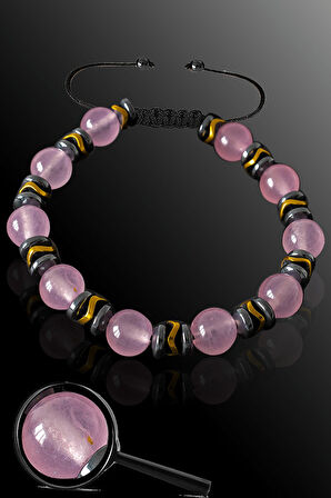 Sertifikalı Parlak Hematit - Pembe Kuvars Taşı Bileklik - Ayarlamalı