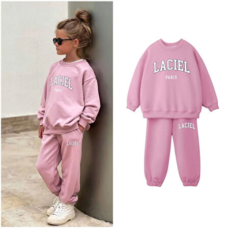 Kız Çocuk Laciel Paris Pembe 3 İplik Fitilli Kumaş Alt Üst Eşofman takımı