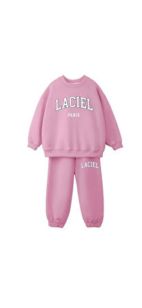 Kız Çocuk Laciel Paris Pembe 3 İplik Fitilli Kumaş Alt Üst Eşofman takımı