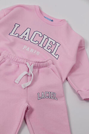 Kız Çocuk Laciel Paris Pembe 3 İplik Fitilli Kumaş Alt Üst Eşofman takımı